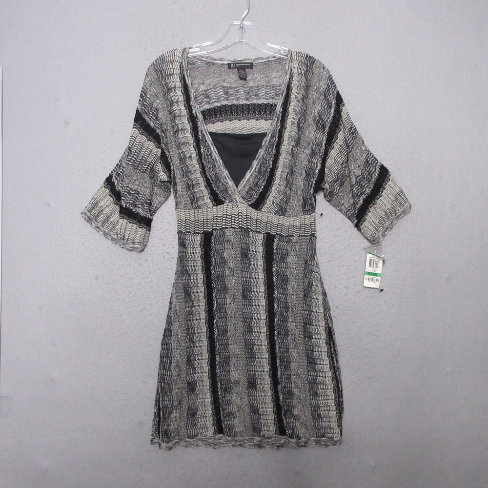 INC Dress Metallic Stripe Crochet‎ Knit Silver Black Boho Mini Festival Y2K New
